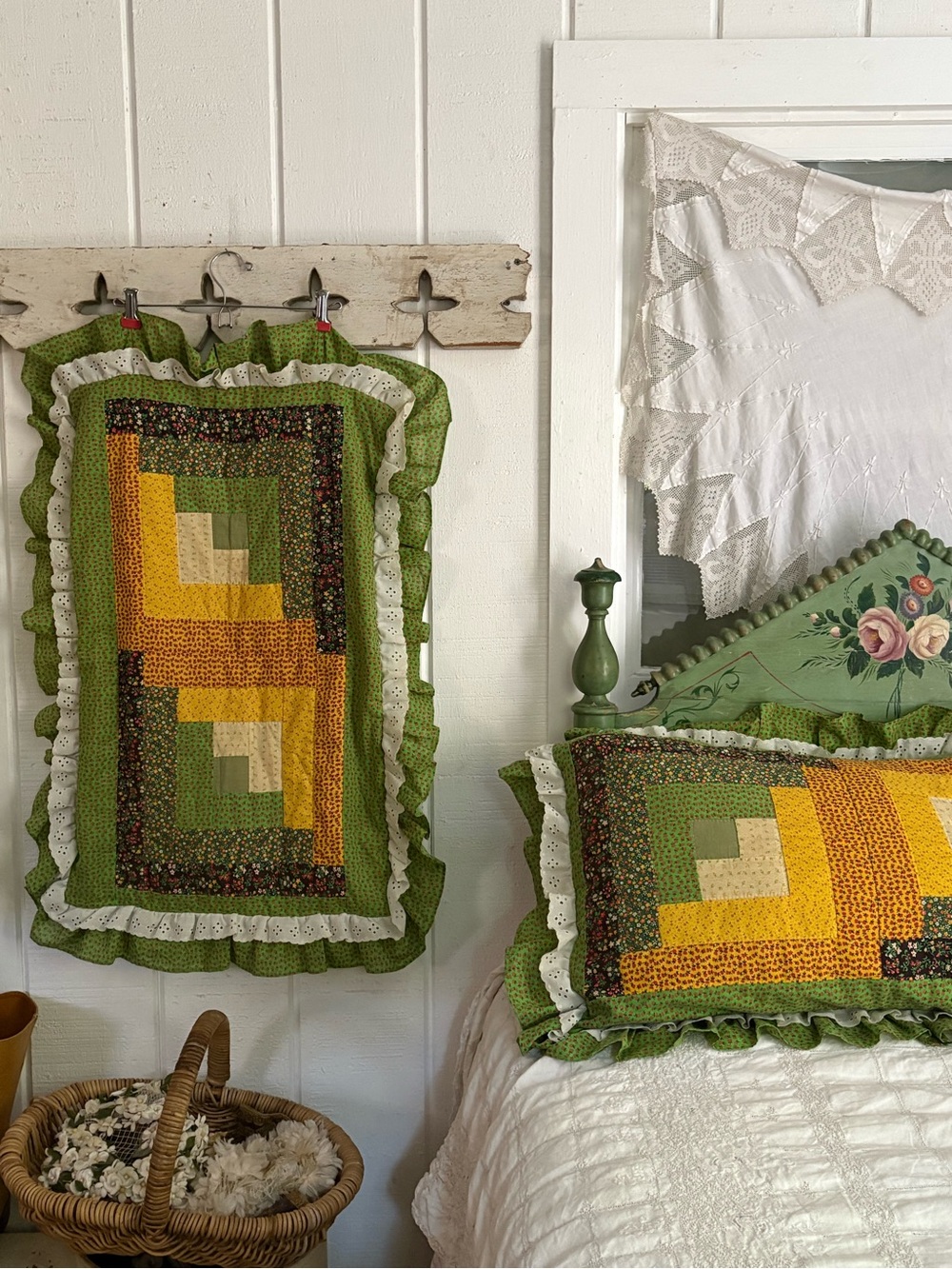 Vintage Green and Yellow Patchwork Quilted Pillow Shams Set of 2 Standard